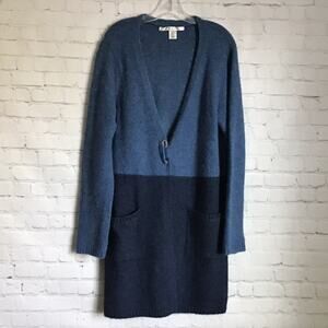 Max Studio Womans Long Blue Cardigan Sweater M Pockets Wool Colorblock